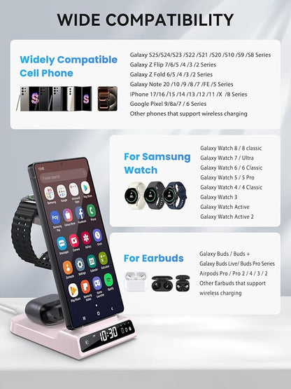 Wireless Charger for Samsung Charging Station with Clock for Samsung Galaxy S25 Ultra/S24 Ultra/Z Flip 6/5/Fold 5/Bud 2, 3 in 1 Charging Station Watch Charger for Samsung Galaxy Watch 7/6/5Pro(Pink)