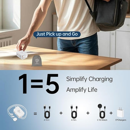 Retractable Apple Watch Charger, 5 in 1 Travel Charging Station for Apple Devices, Retractable Chargers for Multiple Devices with Multi Charging Cable, Charger Block for Apple Gear (White)