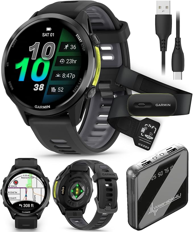 Wearable4U Garmin Forerunner 970 Carbon Gray DLC Titanium Smartwatch with Black Case and Black/Translucent Whitestone Band, AMOLED Display with Garmin HRM 600 M-L Power Bank Bundle