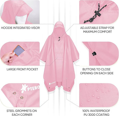 PTEROMY Hooded Rain Poncho for Adult with Pocket, Waterproof Lightweight Unisex Raincoat for Hiking Camping Emergency
