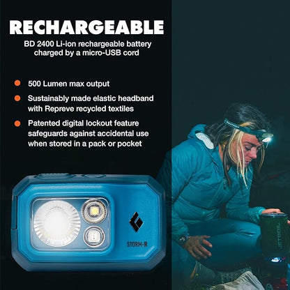 BLACK DIAMOND Storm 500-R Rechargeable Headlamp | 500 Lumens Brightness | Waterproof & Micro-USB Charging | Azul