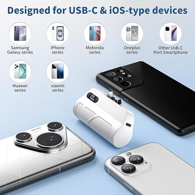 Portable Charger 5000mAh Dual USB C and iOS-Type Connector, Ultra-Compact 20W PD Fast Charging Power Bank for Phone 17/16/15/14/13 Plus,Pro Max, Pad, Samsung Galaxy S25 S24 S23 Android (White)