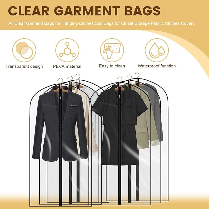6Pcs Suit Cover Bags Garments Bags Dress Bag Lightweight Firm Plastic Clothes Covers Portable Dust Proof Clothes Protectors Bag All Clear Hanging Clothes Bags for Travels (23.62'' x 47.24'', Black)