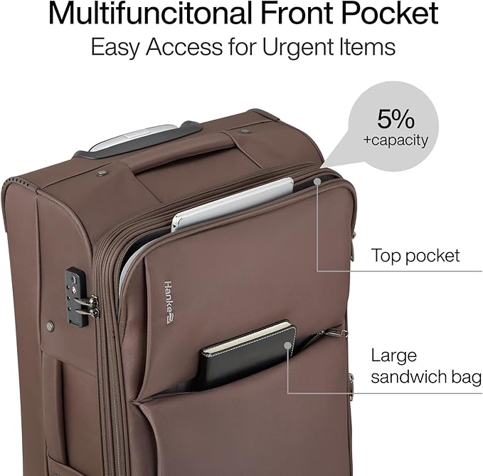 Hanke Softside Expandable 20 Inch Carry On Luggage with Wheels Airline Approved, TSA Luggage Lightweight Rolling Suitcases for Travel Carry On Bag(Coffee)