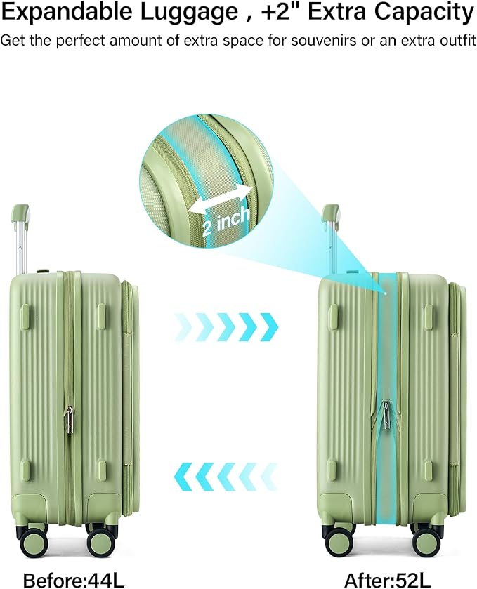 Hanke 20 Inch Expandable Carry On Luggage Airline Approved Top Opening Travel Luggage Rolling Suitcase with Cup Holder Hard Shell Suitcases with Wheels (Bamboo Green)