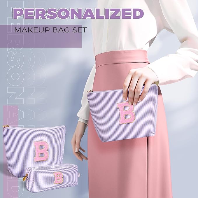 Bridesmaid Gifts Wedding Day - Bridal Shower Gifts,Maid of Honor Gifts,Initials Makeup Bag Set Cosmetic Bag - Lavender,B