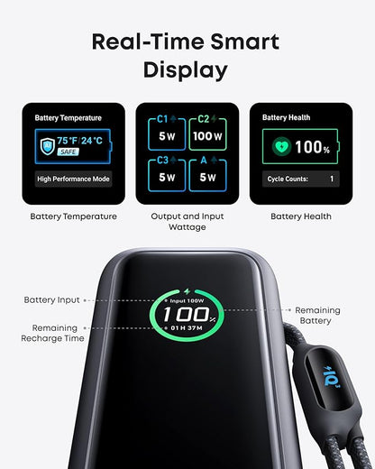 Anker Laptop Power Bank, 25,000mAh Portable Charger with Triple 100W USB-C Ports, Built-in Retractable Cables, Flight-Approved for Travel, iPhone 17/16 Series, MacBook, Samsung, and More