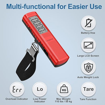 Battery-Free Digital Luggage Scale, 110lbs/50kg Portable Handheld Hanging Scale for Luggages, Suitcases, Backpacks & Bags, Easy Weighing for Travel, No Need Batteries (Red)