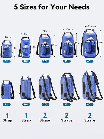 HEETA Dry Bag Waterproof for Women Men, 5L/10L/20L/30L/40L Roll Top Lightweight Dry Storage Bag Backpack with Phone Case for Travel Swimming Boating Kayaking Paddle Board Camping Beach Accessories