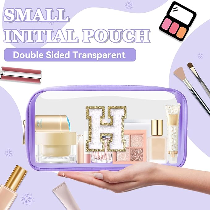 Small Clear Personalized Initial Makeup Bag,Nylon Preppy A-Z Chenille Letter Patch Cosmetic Pouch Beach Toiletry Bag,Waterproof Zip Travel Purse Storage Bag Organizer for Women Girls(Purple-White H)