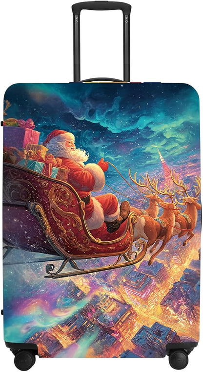Northern Lights Christmas Luggage Cover - Santa's Sleigh Flying Over City Under Aurora, Magical Stretchable Suitcase Protector 24 26 Inch
