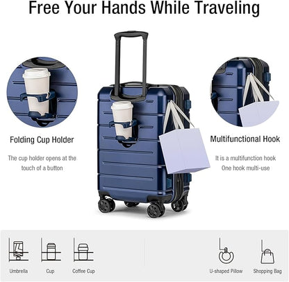KYME Carry On Luggage 22x14x9 Airline Approved Hardshell 20 Inch Luggage With TSA Lock Carry On Suitcase with Wheels Small Travel Rolling Luggage with Cup Holder for Women Men Navy