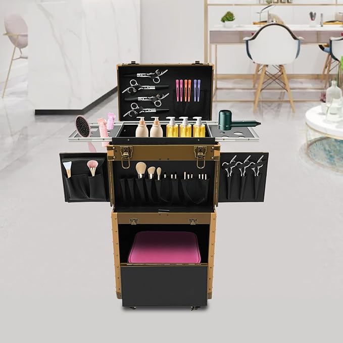 Beauty Rolling Makeup Train Case, Professional Lockable Rolling Salon Luggage, Retro-Rolling Cart Storage Organizer Trolley Make Up Case, 4 Universal Wheels, Retractable Rod, Buckle (Gold)