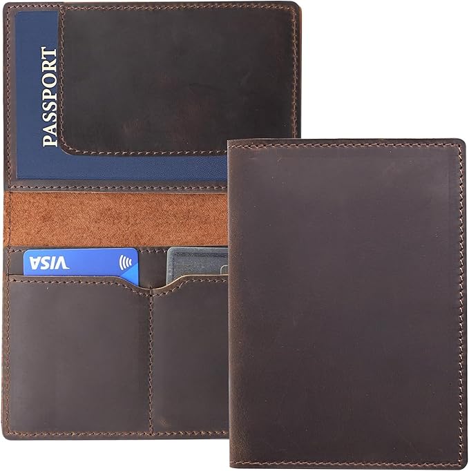 Leather Passport Holder with Travel Wallet, Genuine Leather Passport Cover- Passport Wallet, Leather Folding Wallet for Passports (Straight Cut, Dark Brown)