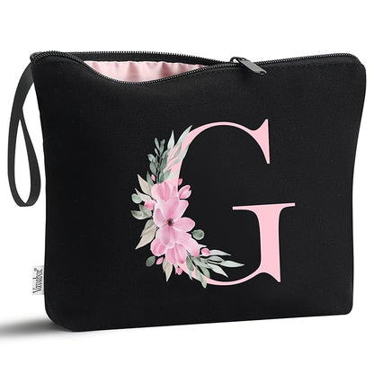 Vavabox A-Z Personalized Makeup Bag, Birthday Gifts for Women Mom, Gifts for Best Friend, Bride Bridesmaid Cosmetic bag (G, Black)