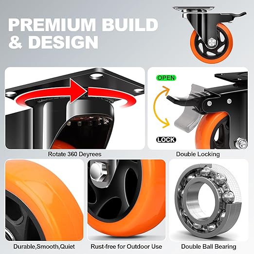 MSH&HCE 5-Inch Orange Heavy Duty Caster Wheels (Set of 4) - 2600Lbs Total Capacity, Polyurethane (PU) Wheels, Quiet Swivel Casters for Carts, Furniture & Workbenches (Two Hardware Included) ﻿