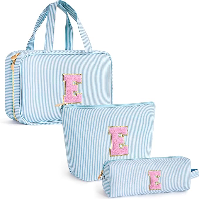 Personalized Initial Toiletry Makeup Bag - Travel Cosmetic Bag for Mom,Niece,Teen Girl Birthday Gifts - Blue E