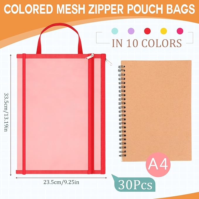 Marspark 30 Pack Bright Color Mesh Zipper Pouch Bags A4 Nylon Organizing Bags Breathable See Through Zipper Pouch with Handle for Office Games