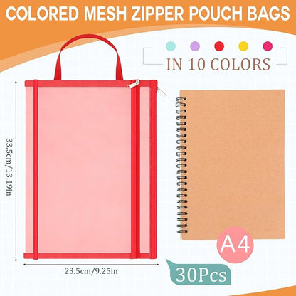 Marspark 30 Pack Bright Color Mesh Zipper Pouch Bags A4 Nylon Organizing Bags Breathable See Through Zipper Pouch with Handle for Office Games