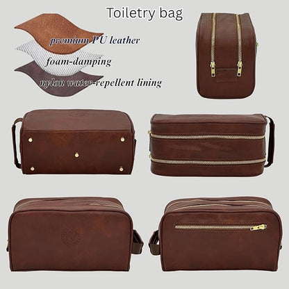 Dopp Gift Large Travel Toiletry Bag Premium Quality PU Leather Two compartments YKK Zippers Water-resistant Bottom Studs Mesh Pockets Durable Cosmetic Organizer DARK BROWN