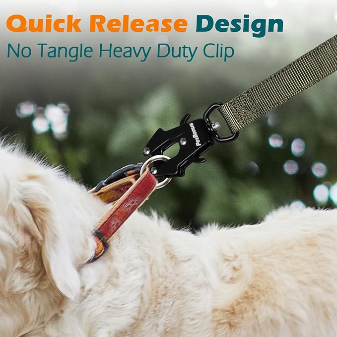 PetBonus Heavy Duty Tactical Dog Leash, 5 FT Bungee Shock Absorption Leash with 2 Padded Handles, Quick Release Metal Clip, Car Seatbelt, No Pull Training Lead for Large Medium Dogs（Army Green）