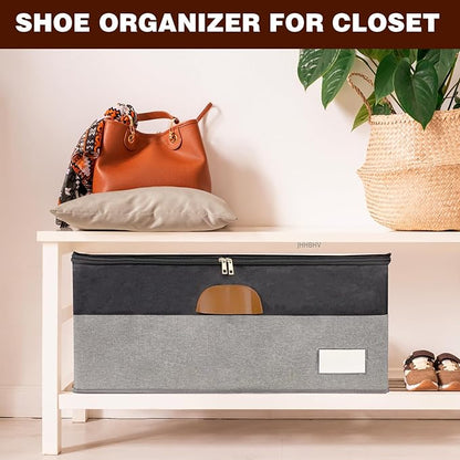 2 Pack Shoe Organizer for Closet, Adjustable Shoe Box Storage Containers, Large Foldable Shoe Bins with Clear Cover, Space Saving Shoes Holder with 4 Handles, Fits 24-48 Pairs, Black