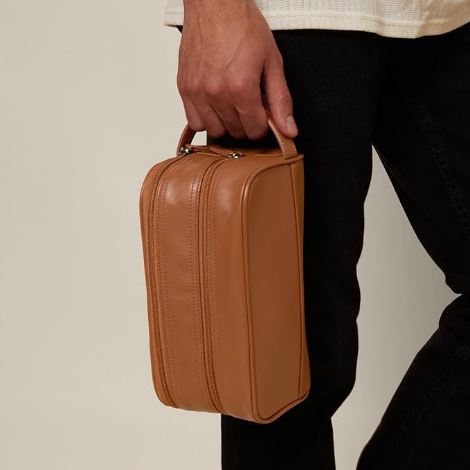 Leatherology Cognac Leather Toiletry Bag – Small Double Zip Dopp Kit – Full Grain Leather Travel Organizer with Water-Resistant Lining – Compact Grooming Bag for Men or Women