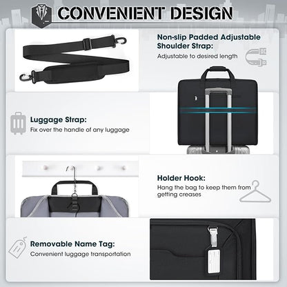 RAINSMORE Garment Bags for Travel Carry On Garment Bag for Hanging Clothes, Suit Bag for Business Trips with Shoes bag & Shoulder Strap, Waterproof Foldable Suit Luggage Bag for Men Women, Black