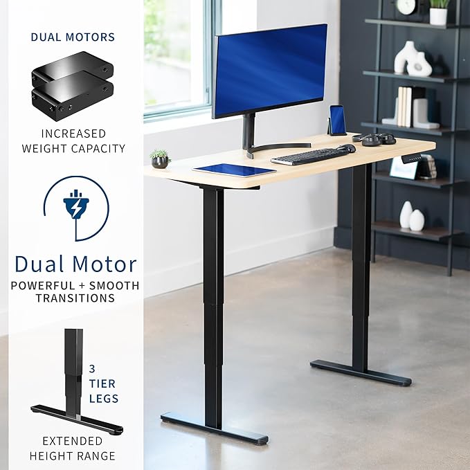 VIVO Electric 60 x 24 in Dual Motor Sit Stand Desk, Memory Height Adjustment, 2B Series, Light Wood Top Black Frame, DESK-KIT-2B6C