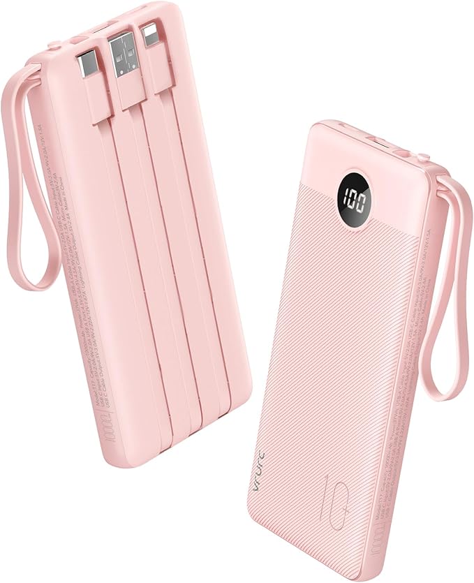 VRURC Portable Phone Charger, 20W PD Fast Charging Portable Charger for iPhone, 10000mAh Battery Bank with Cables, 4 Output 3 Input USB C Battery Pack for iPhone 17 16 15 14 13,Samsung Galaxy-Pink