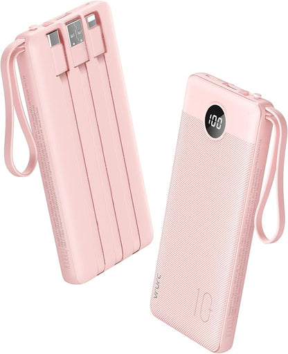 VRURC Portable Phone Charger, 20W PD Fast Charging Portable Charger for iPhone, 10000mAh Battery Bank with Cables, 4 Output 3 Input USB C Battery Pack for iPhone 17 16 15 14 13,Samsung Galaxy-Pink