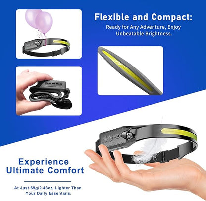 Rechargeable LED Headlamp (Gray), 400 Lumens, 230° Wide Beam, USB-C, IPX4, 5 Modes — Lightweight, Adjustable Headband; Hard Hat Clips for Camping, Hiking, Running & Repairs