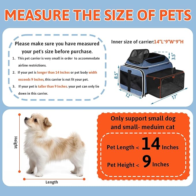 Petskd Top and Side Expandable Pet Carrier 17x12x8.5 Inches JetBlue Frontier Spirit Airline Approved, Soft-Sided Carrier for Small Cats and Dogs with Locking Safety Zippers and Anti-Scratch Mesh(Blue)
