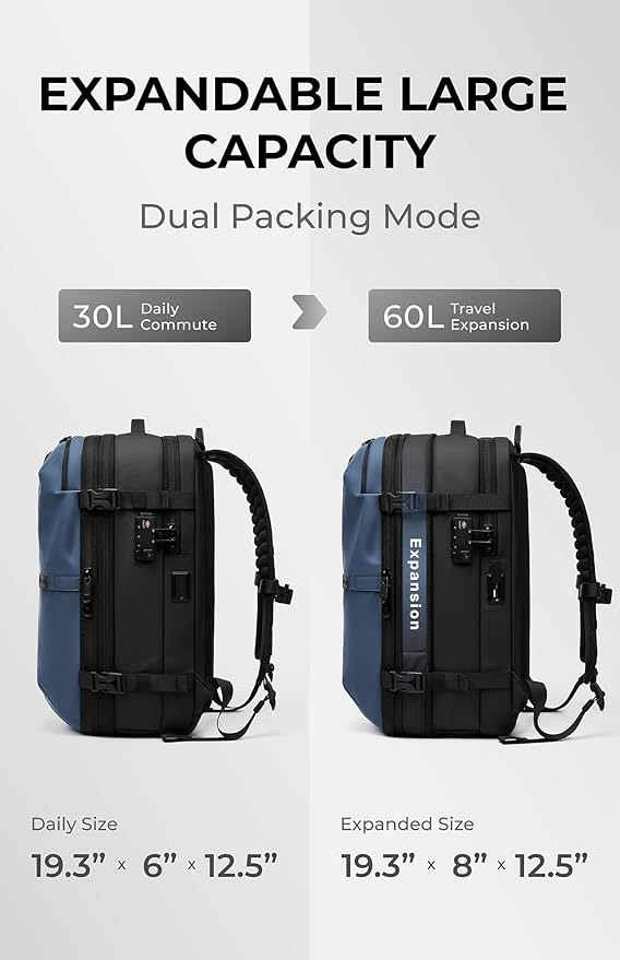 AirVault Vacuum Seal Travel Backpack 60L with Expandable Vortex Air Compression Vacuum System Water Resistant TSA Lock (Vacuum Pump Included, Blue, 60L)