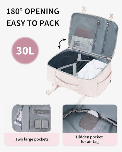 ECOHUB Travel Backpack for Women, 18x14x8 Spirit Airlines Personal Item Bag with Clear Toiletry Bag, Laptop Carry on Backpack with USB Port, Airline Approved Under Seat 14 Pockets 30L, Beige