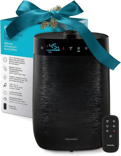 Homedics Deluxe Ultrasonic Humidifier for Large Rooms, Warm or Cool Mist, UV-C Technology, 1.5-Gallon Top Fill Tank, Smart Digital Programmable Humidistat, Home Dry Air Relief, Aromatherapy