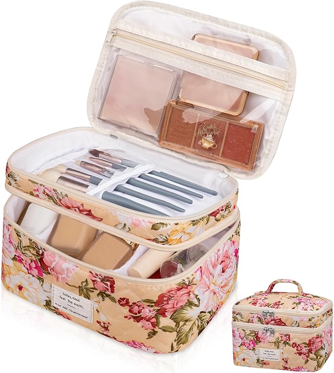 Makeup bag, Large Cosmetic Bag for Women Girls, Cute Quilted Makeup Bags, Floral Coquette Aesthetic Toiletry Bag, Travel Make Up Organizer Bag (Pink Flowers)