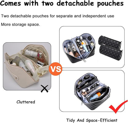 BOYATU Travel Makeup Bag Organizer Cosmetic Bag: 3 Pcs Set Make up Bags for Women with Handle - Waterproof Vegan Leather Toiletry Bags Travel Essentials Pouch with Compartments (01-Black)