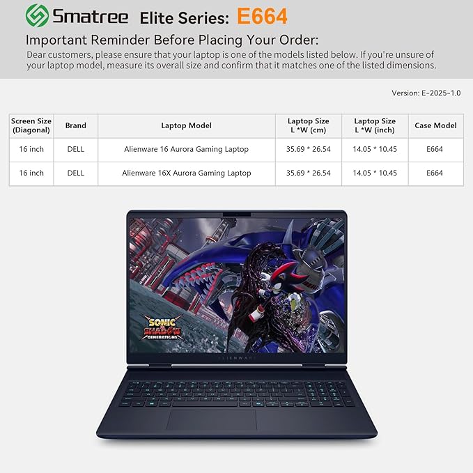 Smatree Laptop Sleeve for 16 inch DELL Alienware 16/16X Aurora Gaming Laptop, Protective Notebook Case with Accessory Pocket, YKK Zipper, Patented Shockproof Design (E664)