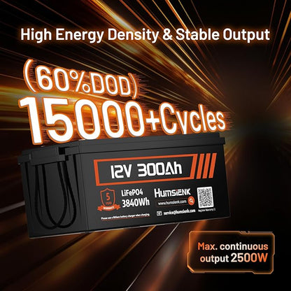 HumsiENK Bluetooth 12V 300Ah LiFePO4 Lithium Battery, 200A BMS with Low-Temp Cutoff, Max. 2560W Stable Power Output, 15000+ Deep Cycles Battery for RVs, Marine, Home Energy Storage, Off-Grid Living