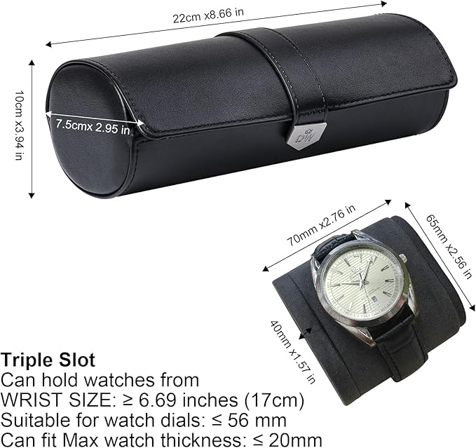 DUKWIN Watch Roll for 3 Watches,Vegan Leather Travel Watch Case Organizer with Removable Pillows for Men and Women,Display Case for Watches Collection and Gift for Anniversary Birthday(Black Storage)