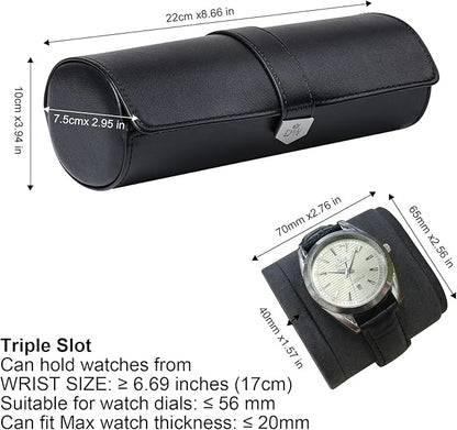 DUKWIN Watch Roll for 3 Watches,Vegan Leather Travel Watch Case Organizer with Removable Pillows for Men and Women,Display Case for Watches Collection and Gift for Anniversary Birthday(Black Storage)