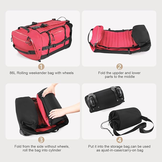 CONTAIL 86L Wheeled Duffel Bag, Soft Shell with Adjustable Web Handles, Carry On Size 29.5x14.2x12.6in, Foldable with Dual Wheels & Shoe Compartment,Red