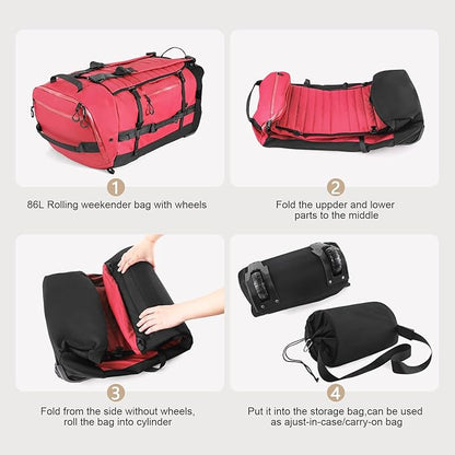 CONTAIL 86L Wheeled Duffel Bag, Soft Shell with Adjustable Web Handles, Carry On Size 29.5x14.2x12.6in, Foldable with Dual Wheels & Shoe Compartment,Red