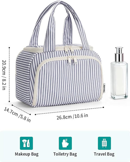 Narwey Large Travel Toiletry Bag, Wide-open Travel Bag for Toiletries, Toiletry Bags for Traveling Women, Cosmetic Make Up Makeup Bag Organizer with Wet Pocket, Skincare Bag (Greyish Blue Stripe)