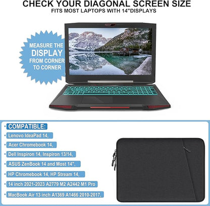 Laptop Sleeve Bag 14 inch, Shockproof Protective Computer Cover with Accessories Pocket, Portable Laptop Case Compatible for 14 inch MacBook Air/Pro, Dell, HP, Acer, Asus, Lenovo, Black