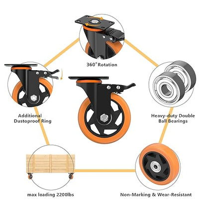 5 Inch Caster Wheels,Orange Casters Set of 4, Heavy Duty Casters with Brake 2200 Lbs, Locking Industrial Swivel Top Plate Casters Wheels for Furniture and Workbench Cart(Two Hardware Kits Include)