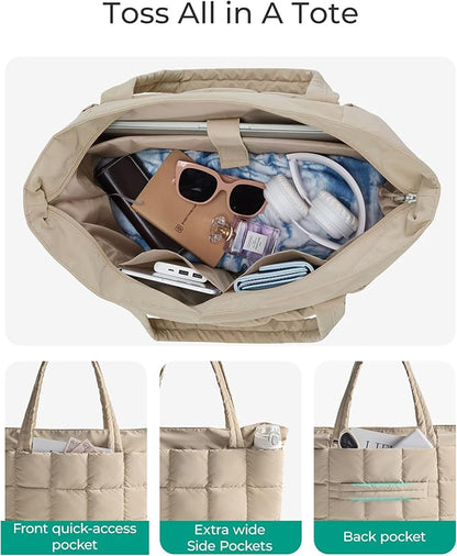 BAGSMART Expandable Tote Bag for Women, Puffer Work Tote Handbag, Quilted Carry On Bag for Travel Gym