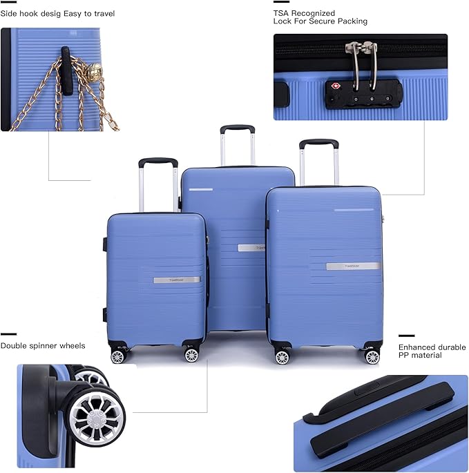 Luggage 3 Piece Sets Suitcase Set with Double Spinner Wheels, Lightweight Carry On Hardside Travel Luggage with TSA Lock, (20/24/28) (Purplish Blue)