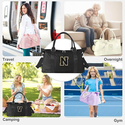 Dance Gym Duffel Bag for Teen Girls, Personalized Initial Travel Weekender Bag,Cute Overnight Carry On Duffle for Women,Sports Travel Cheer Bag,Monogram Christmas Gifts for Tween Preppy(black-N)